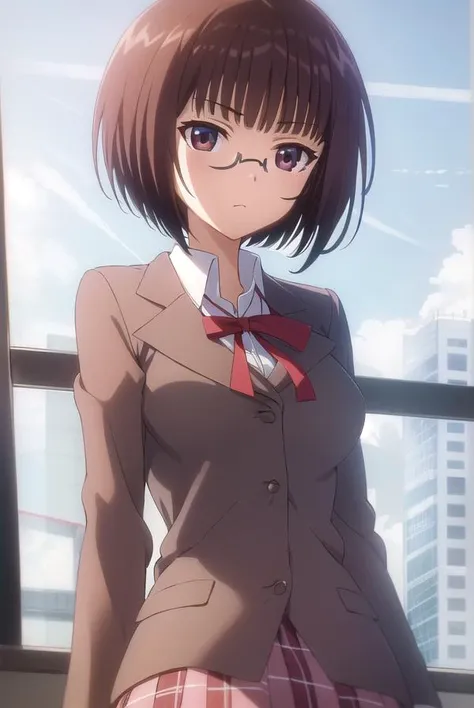 lunaminase, <lora:luna minase s2-lora-nochekaiser:1>,
luna minase, short hair, brown hair, (brown eyes:1.5), glasses, bob cut, under-rim eyewear,
BREAK skirt, school uniform, plaid, plaid skirt, shirt, white shirt, collared shirt, jacket, long sleeves, black jacket,
BREAK indoors, classroom,
BREAK looking at viewer, (cowboy shot:1.5),
BREAK <lyco:GoodHands-beta2:1>, (masterpiece:1.2), best quality, high resolution, unity 8k wallpaper, (illustration:0.8), (beautiful detailed eyes:1.6), extremely detailed face, perfect lighting, extremely detailed CG, (perfect hands, perfect anatomy),