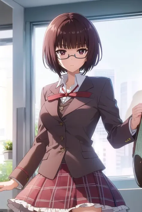 lunaminase, <lora:luna minase s2-lora-nochekaiser:1>,
luna minase, short hair, brown hair, (brown eyes:1.5), glasses, bob cut, under-rim eyewear,
BREAK skirt, school uniform, plaid, plaid skirt, shirt, white shirt, collared shirt, jacket, long sleeves, black jacket,
BREAK indoors, classroom,
BREAK looking at viewer, (cowboy shot:1.5),
BREAK <lyco:GoodHands-beta2:1>, (masterpiece:1.2), best quality, high resolution, unity 8k wallpaper, (illustration:0.8), (beautiful detailed eyes:1.6), extremely detailed face, perfect lighting, extremely detailed CG, (perfect hands, perfect anatomy),