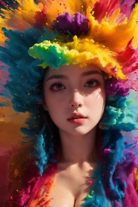 (Best Quality, Masterpiece:1.4), (Realism:1.2), (Realisitc:1.2), (Absurdres:1.2), (photorealistic:1.3), 1girl,Realistic Skin,Solo,( Very Big Eyes,beautiful detailed eyes, symmetric eyes),cowboy shot, colorful, paint splatter,<lora:ç²å°å½©å¼¹:0.6>, (huge breasts, cleavage)