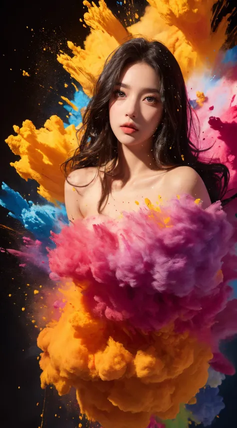 colorful, Paint splashes, highest quality, masterpiece, figure, (Realistic, photo-Realistic:1.37), wonderful, In detail, Incredibly absurd, Large file size, Super detailed, High resolution, Highly detailed CG Unity 8k wallpaper, Ray Tracing, Browsing Caution, One girl, Small and beautiful breasts, A colorful Paint splashes background with a beautiful young woman in the foreground. Japanese beautiful girl、18-year-old high school student、Completely naked、Full nudity、 Her body is completely covered in paint. Her hair flows in the air、Draws various color gradations. Her body is painted in a body painting style.、Completely naked