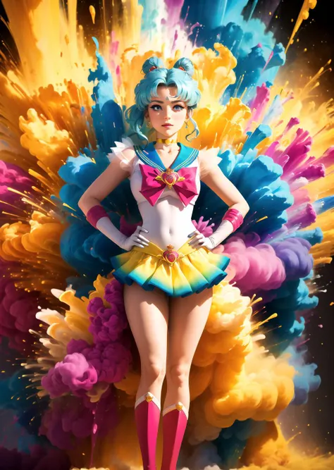 masterpiece, best quality, 	 supersailormoon,  <lora:super_sailor_moon:0.8>, colorful, paint splatter, Beautiful Art Style, 1girl, young woman, silver trim, mystical, mountain, standing with hand on her hip,   <lora:md2034:1>
