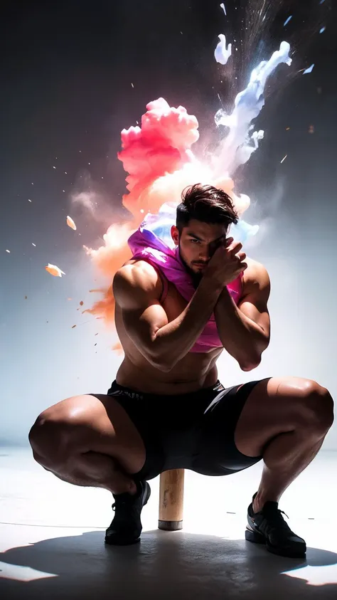 (Realistic),masterpiece,best quality,highest detail,professional photography,aesthetic,subsurface scattering,Long Shot,
r1ge,muscular,masculine,handsome man,tough guy,full body,Fade,colorful,paint splatter,Squatting pose,glowing,aura,energy,beam,flying debris,
<lora:muscle_slider_v1:1>,
<lora:å
å½±:0.5>,<lora:md2034:0.5>,<lora:r1ge - AnimeRage:0.2>,