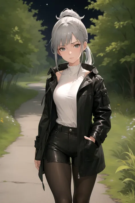 masterpiece, best quality, 1girl, solo, long ponytail, grey hair, grey eyes, sidelocks, black coat, open coat, white shirt, black shorts, pantyhose, standing, facing viewer, cowboy shot, forest, night,  <lora:N9PlusStyleV3:1>