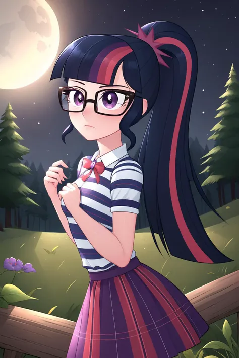1girl, MLPTWILIGHT,PONYTAIL,GLASSES,STRIPED SHIRT,SKIRT, purple eyes, forest, small breasts, worried, (scared:1), night, (night sky:0.6),  <lora:mlp_twilightsparkle:0.7> <lora:kiwi_v2_mix:0.5>