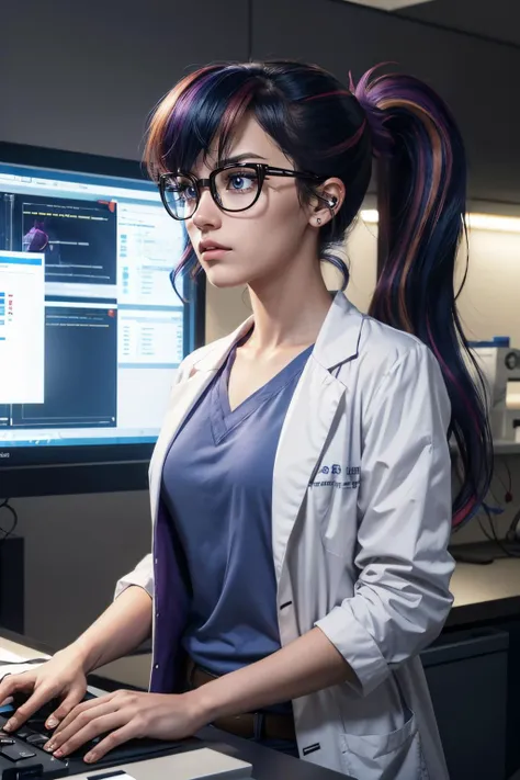 mlptwilight, purple eyes, ponytail, glasses, multicolored hair, blue shirt, lab coat, looking serious, intense, 
inisde a laboratory, staring at a large monitor, futuristic, extreme detail, hdr <lora:mlp_twilightsparkle:.7>