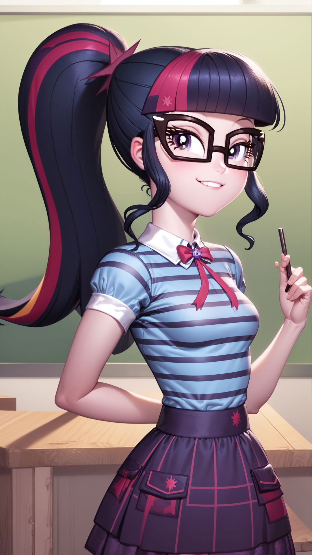 Anime girl with glasses and a pink bow holding a cell phone - SeaArt AI