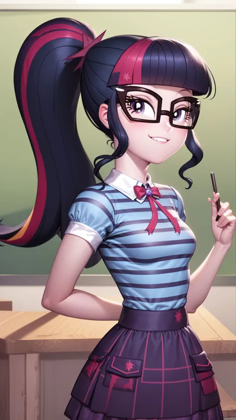 (masterpiece, best quality:1.2),<lora:mlp_twilightsparkle-10:1>,cowboy shot,solo,1girl,mlptwilight,smile,looking at viewer,ponytail,glasses,striped shirt,purple skirt,classroom, dynamic lighting,