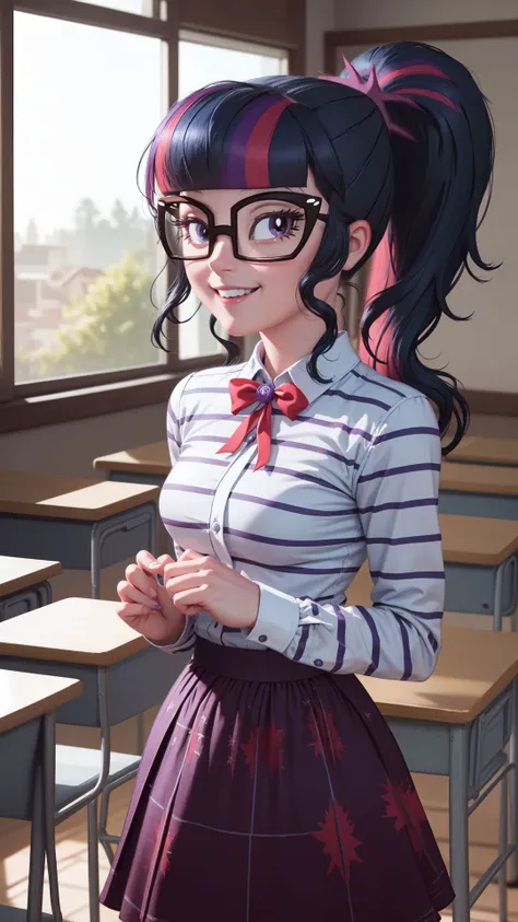 (masterpiece, best quality:1.2),<lora:mlp_twilightsparkle-10:1>,cowboy shot,solo,1girl,mlptwilight,smile,looking at viewer,ponytail,glasses,striped shirt,purple skirt,classroom, dynamic lighting,