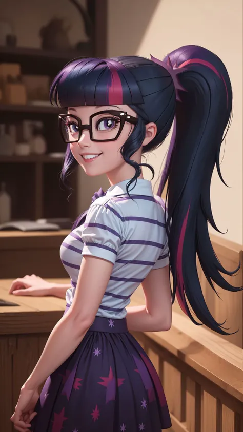 (masterpiece, best quality:1.2),<lora:mlp_twilightsparkle-10:1>,cowboy shot,solo,1girl,mlptwilight,smile,looking at viewer,ponytail,glasses,striped shirt,purple skirt,