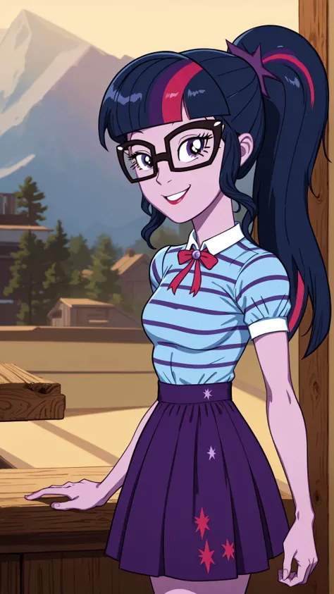 (masterpiece, best quality:1.2),<lora:mlp_twilightsparkle-10:1>,cowboy shot,solo,1girl,mlptwilight,smile,looking at viewer,ponytail,glasses,striped shirt,purple skirt,