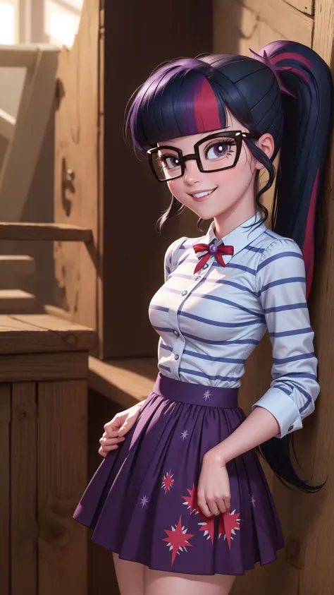 (masterpiece, best quality:1.2),<lora:mlp_twilightsparkle-10:1>,cowboy shot,solo,1girl,mlptwilight,smile,looking at viewer,ponytail,glasses,striped shirt,purple skirt,