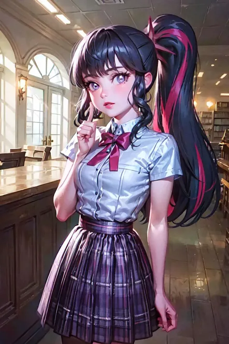 (mlptwilight:1.2), (pink skin), (long hair, long ponytail, straight hair, black hair with purple and pink strips, bangs:1.0), striped shirt, purple skirt, pink neck bow, purple eyes, long hair, library, (realistic:1.2), (masterpiece:1.2), (full-body-shot:1),(Cowboy-shot:1.2), neon lighting, dark romantic lighting, (highly detailed:1.2),(detailed face:1.2), (gradients), colorful, detailed eyes, (detailed landscape:1.2), (natural lighting:1.2),(detailed background), detailed landscape, (cute pose:1.2), solo, <lora:mlp_twilightsparkle-10:0.85> <lora:add_detail:0.15> <lora:hipoly3DModelLora_v10:0.05> <lora:RSERomantic_RSESofiko_RSEEmma-v1:0.1> <lora:BeautifulEyes:0.6> <lora:CharacterDesign_Concept-10:0> <lyco:coloredSkin-08:0.5>
