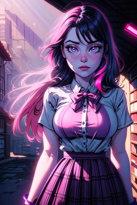 (mlptwilight:1.2), (pink skin, pale pink skin), (long hair, hair down, straight hair, black hair with purple and pink strips, bangs:1.0), striped shirt, purple skirt, pink neck bow, purple eyes, long hair, high school, library, (realistic:1.2), (masterpiece:1.2), (full-body-shot:1),(Cowboy-shot:1.2), neon lighting, dark romantic lighting, (highly detailed:1.2),(detailed face:1.2), (gradients), colorful, detailed eyes, (detailed landscape:1.2), (natural lighting:1.2),(detailed background), detailed landscape, (cute pose:1.2), solo, <lora:mlp_twilightsparkle-10:0.7> <lora:add_detail:0.15> <lora:hipoly3DModelLora_v10:0.05> <lora:RSERomantic_RSESofiko_RSEEmma-v1:0.1> <lora:BeautifulEyes:0.6> <lora:CharacterDesign_Concept-10:0> <lyco:coloredSkin-08:0.5>