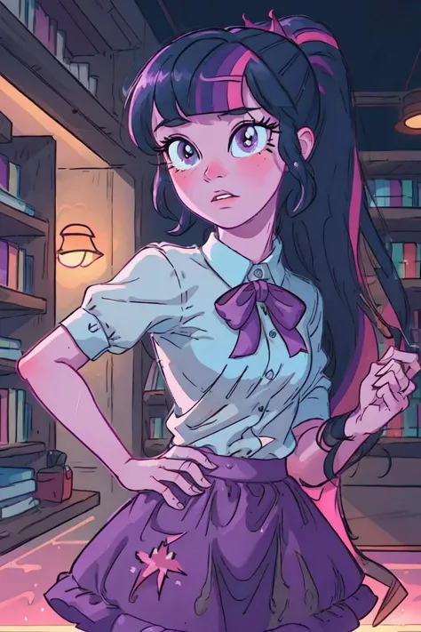 (mlptwilight:1.2), (pink skin), (long hair, ponytail, straight hair, black hair with purple and pink strips, bangs:1.0), striped shirt, purple skirt, pink neck bow, purple eyes, long hair, library, (realistic:1.2), (masterpiece:1.2), (full-body-shot:1),(Cowboy-shot:1.2), neon lighting, dark romantic lighting, (highly detailed:1.2),(detailed face:1.2), (gradients), colorful, detailed eyes, (detailed landscape:1.2), (natural lighting:1.2),(detailed background), detailed landscape, (cute pose:1.2), solo, <lora:mlp_twilightsparkle-10:0.85> <lora:add_detail:0.15> <lora:hipoly3DModelLora_v10:0.05> <lora:RSERomantic_RSESofiko_RSEEmma-v1:0.1> <lora:BeautifulEyes:0.6> <lora:CharacterDesign_Concept-10:0> <lyco:coloredSkin-08:0.35>