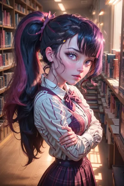 (mlptwilight:1.2), (pink skin), (long hair, ponytail, straight hair, black hair with purple and pink strips, bangs:1.0), striped shirt, purple skirt, pink neck bow, purple eyes, long hair, library, (realistic:1.2), (masterpiece:1.2), (full-body-shot:1),(Cowboy-shot:1.2), neon lighting, dark romantic lighting, (highly detailed:1.2),(detailed face:1.2), (gradients), colorful, detailed eyes, (detailed landscape:1.2), (natural lighting:1.2),(detailed background), detailed landscape, (cute pose:1.2), solo, <lora:mlp_twilightsparkle-10:0.85> <lora:add_detail:0.15> <lora:hipoly3DModelLora_v10:0.05> <lora:RSERomantic_RSESofiko_RSEEmma-v1:0.1> <lora:BeautifulEyes:0.6> <lora:CharacterDesign_Concept-10:0> <lyco:coloredSkin-08:0.35>