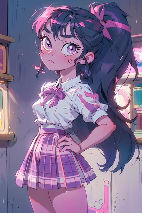 (mlptwilight:1.0), (pink skin, pale pink skin), (long ponytail, black hair with purple and pink strips, bangs:1.0), striped shirt, purple skirt, pink neck bow, purple eyes, long hair, high school, library, (realistic:1.2), (masterpiece:1.2), (full-body-shot:1),(Cowboy-shot:1.2), neon lighting, dark romantic lighting, (highly detailed:1.2),(detailed face:1.2), (gradients), colorful, detailed eyes, (detailed landscape:1.2), (natural lighting:1.2),(detailed background), detailed landscape, (cute pose:1.2), solo, <lora:mlp_twilightsparkle-10:0.7> <lora:add_detail:0.15> <lora:hipoly3DModelLora_v10:0.05> <lora:RSERomantic_RSESofiko_RSEEmma-v1:0.1> <lora:BeautifulEyes:0.85> <lora:CharacterDesign_Concept-10:0> <lyco:coloredSkin-08:0.5>