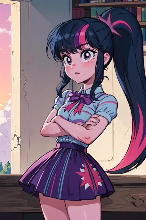 (mlptwilight:1.2), (pink skin), (long hair, ponytail, straight hair, black hair with purple and pink strips, bangs:1.0), striped shirt, purple skirt, pink neck bow, purple eyes, long hair, library, (realistic:1.2), (masterpiece:1.2), (full-body-shot:1),(Cowboy-shot:1.2), neon lighting, dark romantic lighting, (highly detailed:1.2),(detailed face:1.2), (gradients), colorful, detailed eyes, (detailed landscape:1.2), (natural lighting:1.2),(detailed background), detailed landscape, (cute pose:1.2), solo, <lora:mlp_twilightsparkle-10:0.85> <lora:add_detail:0.15> <lora:hipoly3DModelLora_v10:0.05> <lora:RSERomantic_RSESofiko_RSEEmma-v1:0.1> <lora:BeautifulEyes:0.6> <lora:CharacterDesign_Concept-10:0> <lyco:coloredSkin-08:0.35>