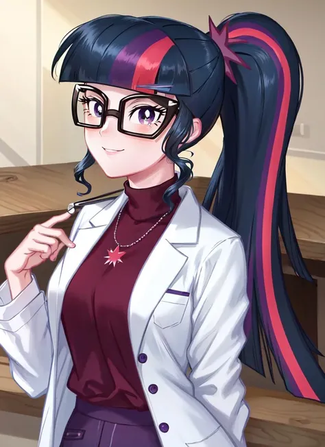 ((best quality)), ((highly detailed)), masterpiece, extremely detailed face, beautiful face, (detailed eyes, deep eyes), (1girl), upper body, <lora:mlp_twilightsparkle:1>, mlptwilight, purple eyes, multicolored hair, (pink hair stripe:1.1), mlptwilight hair, long hair, ponytail, glasses, black-framed eyewear, smile, ((white lab coat)), goggles on head, blue turtleneck, khaki pants