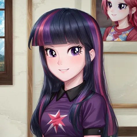 ((best quality)), ((highly detailed)), masterpiece, extremely detailed face, beautiful face, (detailed eyes, deep eyes), (1girl), full body, <lora:hairdetailer:.7>, <lora:mlp_twilightsparkle:1>, mlptwilight, purple eyes, multicolored hair, (pink hair stripe:1.1), mlptwilight hair, long hair, smile, shrug_(clothing)