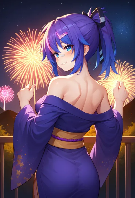 score_9, score_8_up, score_7_up, BREAK 1girl, solo, ProjektMelodyOriginal, bandaid on nose, medium breasts, <lora:ProjektMelodyOriginalPDXL_V1-Manityro-CAME:1.0>, outdoors, fireworks, night sky, starry sky, dark, night,
looking at viewer, blush, smile, looking back, from behind
short hair, ponytail, hair ribbon, hairclip, purple kimono, back