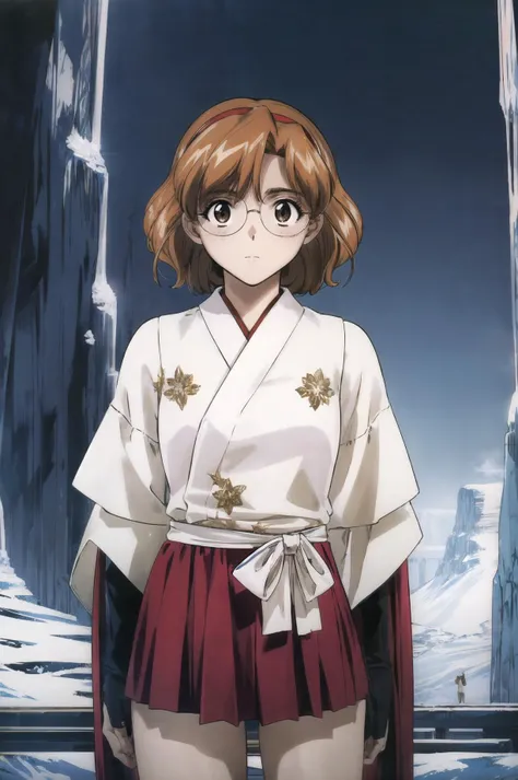 masterpiece, best quality, 1girl, looking at viewer, ultra detailed, <lora:add_detail:0.5>, <lora:rion_FW:0.9>, glasses, hairband, brown eyes,   cowboy shot, cave, mysterious darkness, stalactite formations, hidden, miko