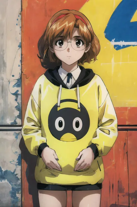 masterpiece, best quality, 1girl, looking at viewer, ultra detailed, <lora:add_detail:0.5>, <lora:rion_FW:1>, glasses, hairband, brown eyes, cowboy shot, (urban graffiti, vibrant street art, creative expression, colorful:1.1), penguin costume