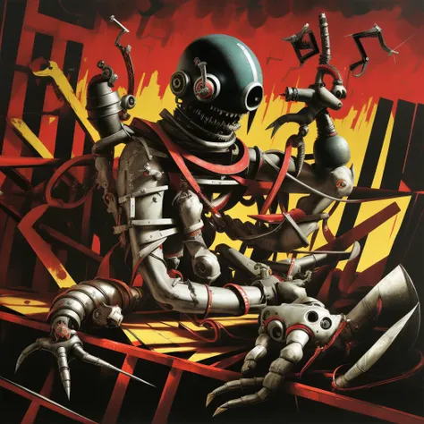 (ohwx aesthetic), art by apterus. two cybernetic creatures fights over machinegun