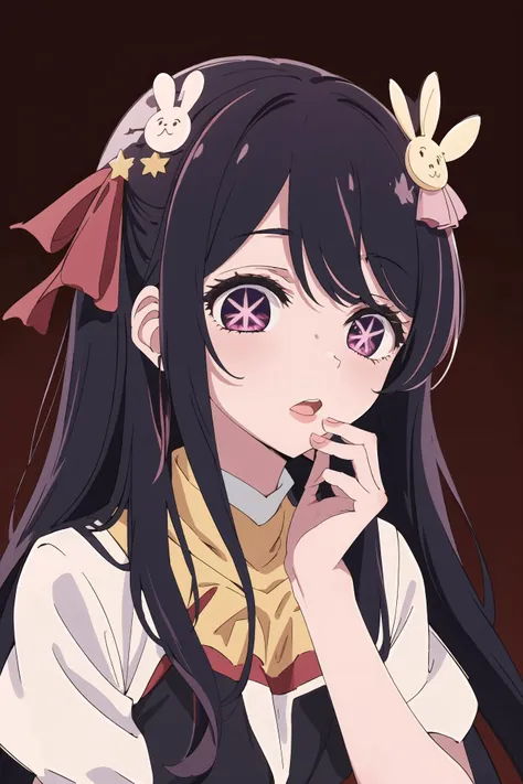 (best quality, masterpiece, highres),1girl,solo,Hoshino Ai,long hair,purple hair,streaked hair,purple eyes,star-shaped pupils,hair ornament,
straight-on,upper body,hand to own mouth,okawaii koto,red background,<lora:okawaii koto_v1:0.6>,<lora:HoshinoAi_v9-000007:1:CHARACTER>,