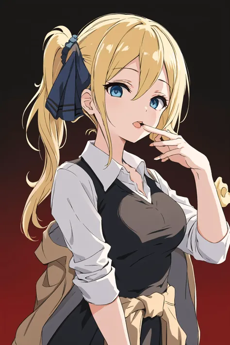 (best quality, masterpiece, highres),1girl,solo,hayasaka ai,blonde hair,blue eyes,blue scrunchie,black dress,white shirt,cardigan around waist,
straight-on,upper body,hand to own mouth,okawaii koto,red background,<lora:okawaii koto_v1:0.6>,<lora:love is war:1>,