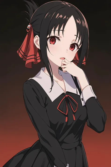 (best quality, masterpiece, highres),1girl,solo,shinomiya kaguya,red eyes,black hair,hair ribbon,summer uniform,
straight-on,upper body,hand to own mouth,okawaii koto,red background,<lora:okawaii koto_v1:0.6>,<lora:love is war:1>,