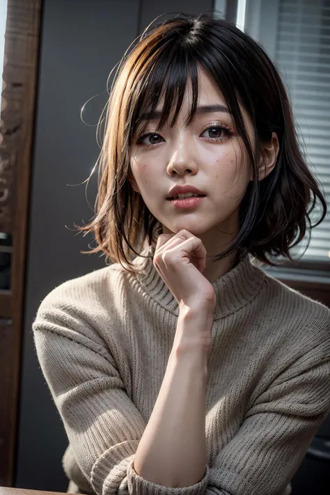 (realistic:1.3), finely detailed, quality, rembrandt lighting, (masterpiece:1.2), (photorealistic:1.2), (best quality), (detailed skin:1.3), (intricate details), dramatic, ray tracing, 1girl, japanese girl, 21 years old, detailed skin texture, (blush:0.5), (goosebumps:0.5), subsurface scattering, smiling, medium breasts, short hair curls, parted bangs, hair between eyes, sweater dress, okawaii koto, hand to own mouth, close up portrait shot, (bright sunny day), <lora:okawaii koto_v1:0.6>