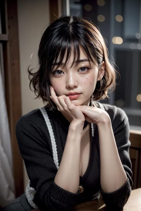 (realistic:1.3), finely detailed, quality, rembrandt lighting, (masterpiece:1.2), (photorealistic:1.2), (best quality), (detailed skin:1.3), (intricate details), dramatic, ray tracing, 1girl, japanese girl, 21 years old, detailed skin texture, (blush:0.5), (goosebumps:0.5), subsurface scattering, smiling, medium breasts, short hair curls, parted bangs, hair between eyes, sweater dress, okawaii koto, hand to own mouth, close up portrait shot, (bright sunny day),   <lora:okawaii koto_v1:0.6>