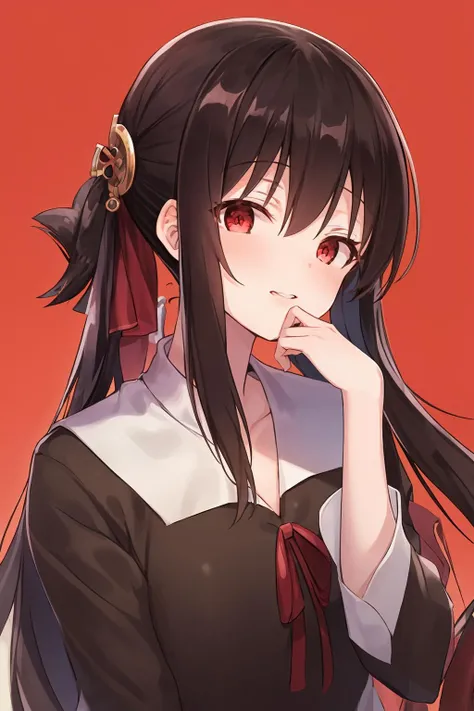 (best quality, masterpiece, highres),1girl,solo,shinomiya kaguya,red eyes,black hair,hair ribbon,summer uniform,
straight-on,upper body,hand to own mouth,okawaii koto,red background, <lora:okawaii koto_v1:1>