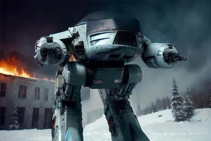 analog gloomy photo of a ((ED-209 robot, <lora:ed209:1>)), ((religious apocalypse:1.2)), (winter), (snow), (horror movie), ((nighttime)), a decayed dilapidated city, ruins, explosions in the background, fire on the floor, High Detail, Sharp focus, (photorealism), realistic, best quality, 8k, award winning, dramatic lighting, epic, cinematic, masterpiece, rim light, ambient fog:1.3, dutch angle, depth of field,