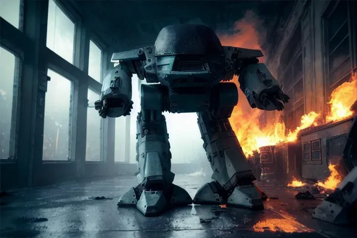 analog gloomy photo of a ((ED-209 robot, <lora:ed209:1>)), ((religious apocalypse:1.2)), snow, (horror movie), ((nighttime)), a decayed dilapidated city, ruins, (explosions in the background), wet floor, (fire on the floor), High Detail, Sharp focus, (photorealism), realistic, best quality, 8k, award winning, dramatic lighting, epic, cinematic, masterpiece, rim light, ambient fog:1.3, dutch angle, depth of field,