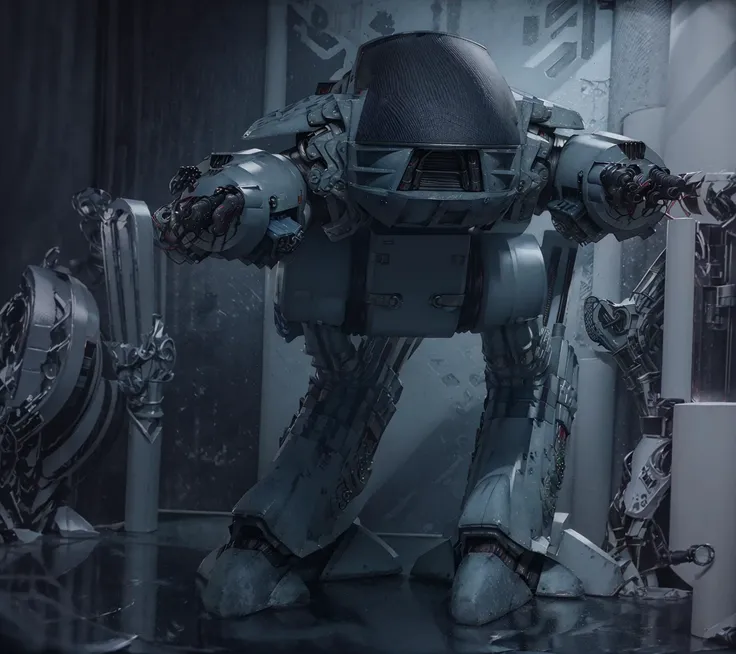 Best quality, masterpiece, ultra high res, raw photo, beautiful and aesthetic,deep shadow, dark theme,(photorealistic:1.4),
(ED-209 robot), solo, outdoors