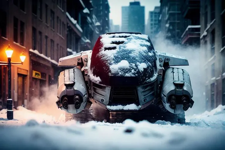 analog gloomy photo of a ED-209 robot, <lora:ed209:1>, ((zombie apocalypse:1.2)), (winter), (snow), (horror ), ((nighttime)), a decayed dilapidated city, ruins, abandoned buildings, wrecked cars on the streets, High Detail, Sharp focus, (photorealism), realistic, best quality, 8k, award winning, dramatic lighting, epic, cinematic, masterpiece, rim light, ambient fog:1.3, dutch angle, depth of field,