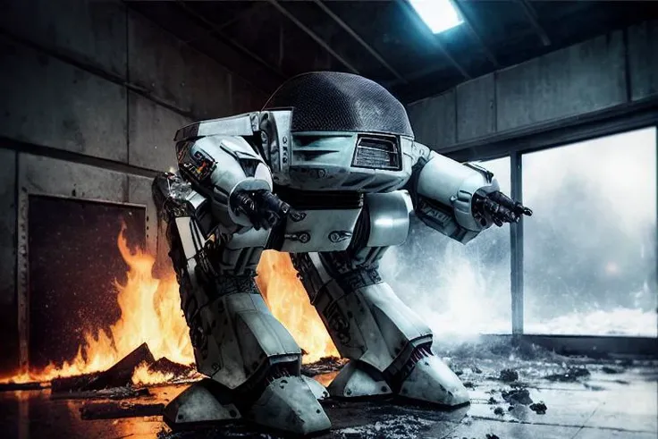 analog gloomy photo of a ((ED-209 robot, <lora:ed209:1>)), ((religious apocalypse:1.2)), snow, (horror movie), ((nighttime)), a decayed dilapidated city, ruins, (explosions in the background), wet floor, (fire on the floor), High Detail, Sharp focus, (photorealism), realistic, best quality, 8k, award winning, dramatic lighting, epic, cinematic, masterpiece, rim light, ambient fog:1.3, dutch angle, depth of field,