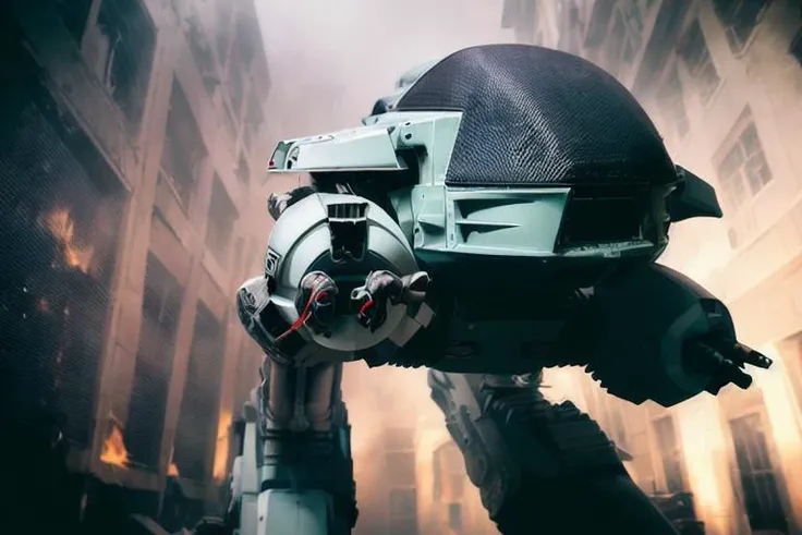 analog gloomy photo of a ((ED-209 robot, <lora:ed209:1>)), ((religious apocalypse:1.2)), snow, (horror ), ((nighttime)), a decayed dilapidated city, ruins, (explosions in the background), wet floor, (fire on the floor), High Detail, Sharp focus, (photorealism), realistic, best quality, 8k, award winning, dramatic lighting, epic, cinematic, masterpiece, rim light, ambient fog:1.3, dutch angle, depth of field,