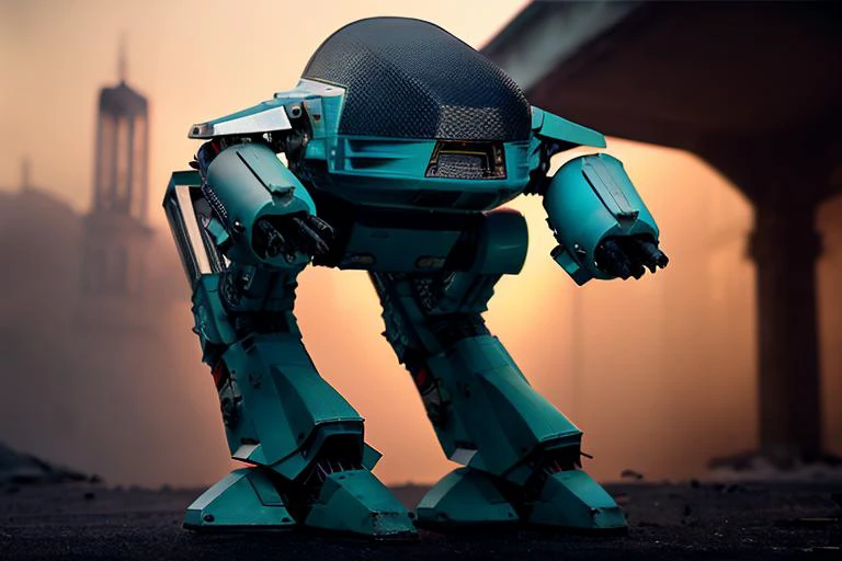 analog gloomy photo of a ((ED-209 robot, <lora:ed209:1>)), ((apocalypse:1.2)), (winter), (snow), (horror ), ((nighttime)), a decayed dilapidated city, ruins, explosions in the background, fire on the floor, High Detail, Sharp focus, (photorealism), realistic, best quality, 8k, award winning, dramatic lighting, epic, cinematic, masterpiece, rim light, ambient fog:1.3, dutch angle, depth of field,