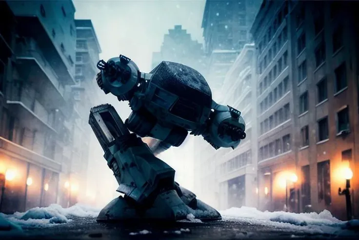 analog gloomy photo of a ED-209 robot, <lora:ed209:1>, ((zombie apocalypse:1.2)), (winter), (snow), (horror movie), ((nighttime)), a decayed dilapidated city, ruins, abandoned buildings, High Detail, Sharp focus, (photorealism), realistic, best quality, 8k, award winning, dramatic lighting, epic, cinematic, masterpiece, rim light, ambient fog:1.3, dutch angle, depth of field,