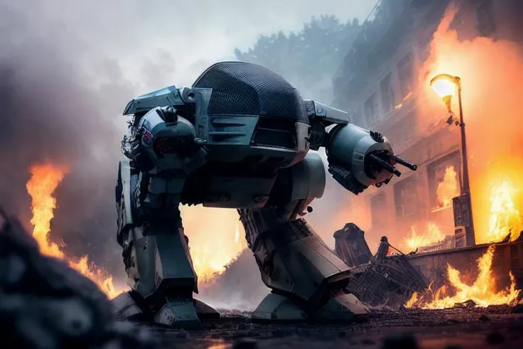 analog gloomy photo of a ((ED-209 robot, <lora:ed209:1>)), ((religious apocalypse:1.2)), snow, (horror ), ((nighttime)), a decayed dilapidated city, ruins, (explosions in the background), wet floor, (fire on the floor), High Detail, Sharp focus, (photorealism), realistic, best quality, 8k, award winning, dramatic lighting, epic, cinematic, masterpiece, rim light, ambient fog:1.3, dutch angle, depth of field,