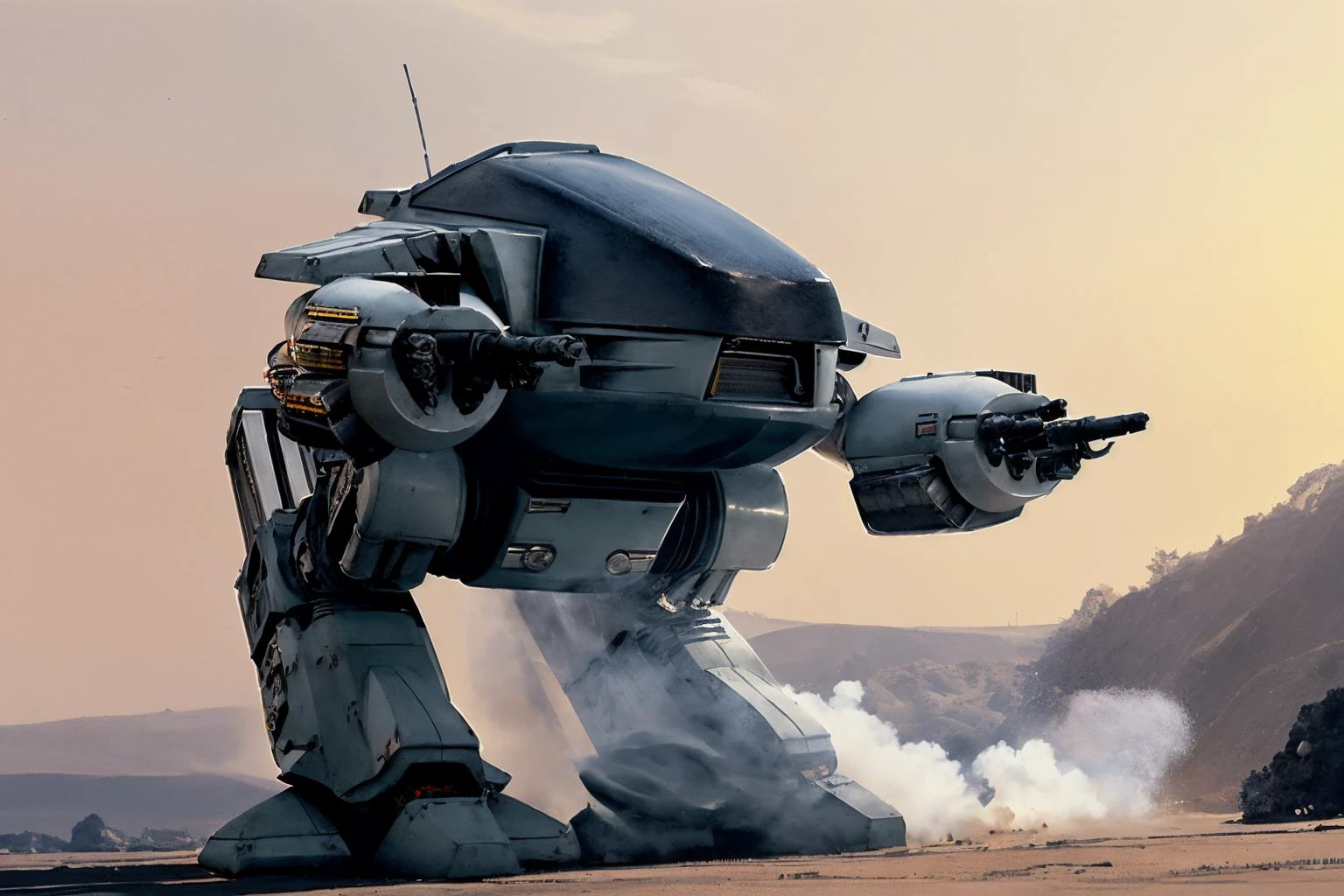 (ED-209 robot), sparks
battle
smoke, explosions
dessert, dust
(Chris Foss, painting )
<lora:ed209:0.9>