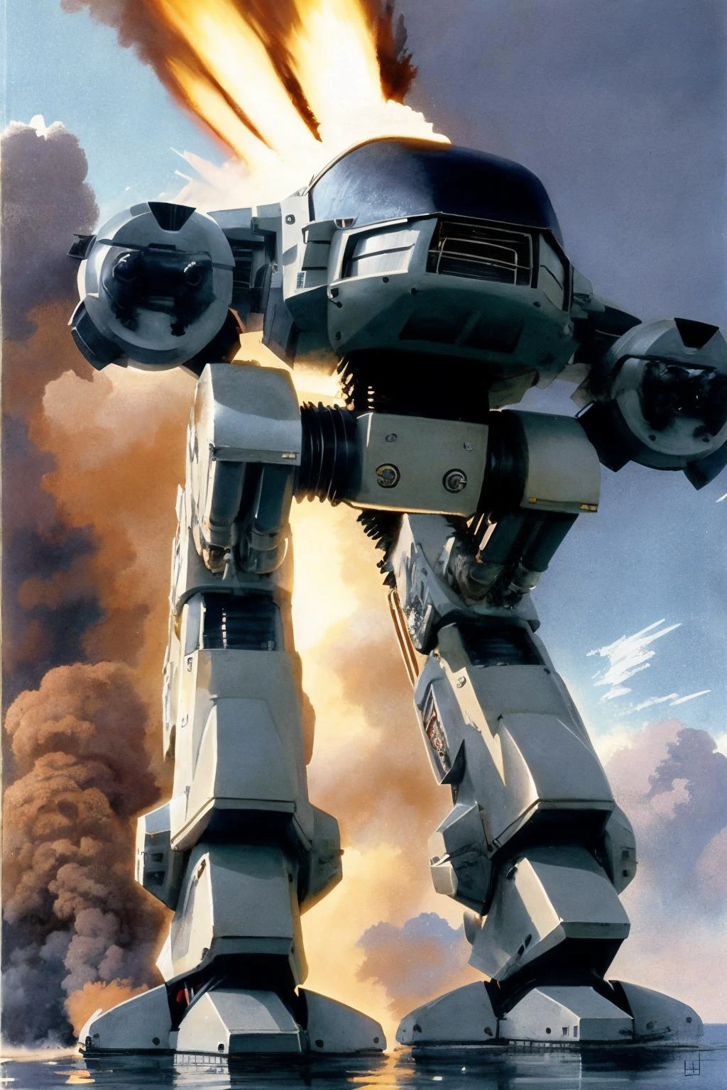 1 robot, battle
smoke, explosions
futuristic
(Chris Foss, glowing )
<lora:ed209:0.9>