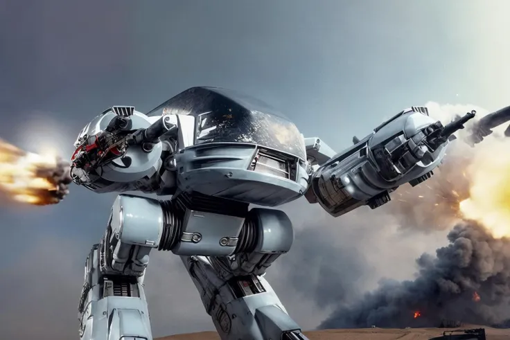 (ED-209 robot) battle
 smoke, explosions
futuristic 
(Chris Foss, glowing )  
<lora:ed209:0.9>  <lora:add_detail:1>
