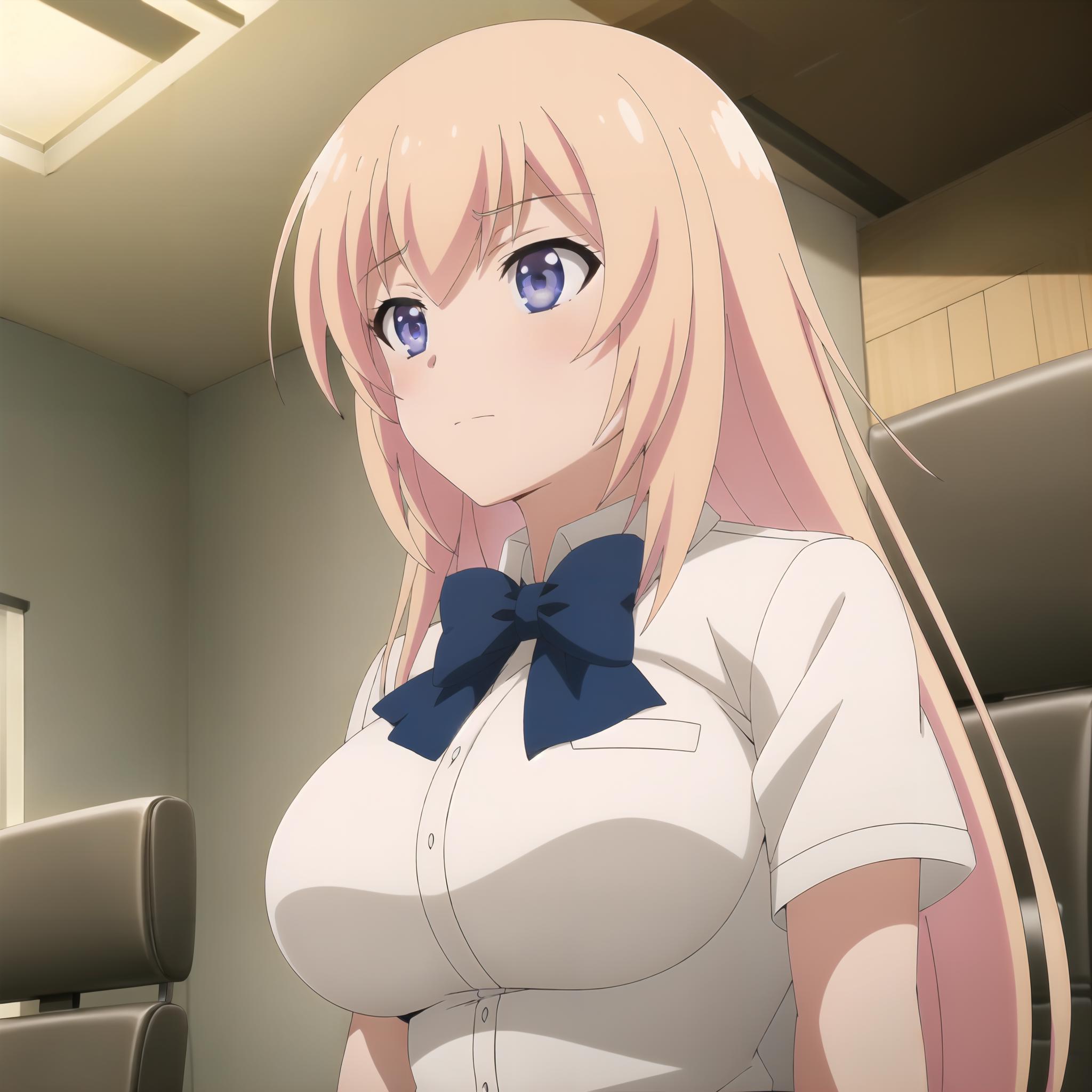 Anime girl with long blonde hair and blue eyes in a white shirt - SeaArt AI