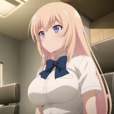 <lora:ichinose:0.8> ichinose, 1girl, solo, breasts, large breasts, shirt, bow, closed mouth, school uniform, white shirt, upper body, short sleeves, collared shirt, indoors, bowtie, blue bow, blue bowtie, anime coloring
