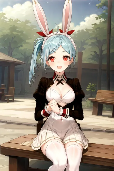 masterpiece, 1girl, tess, bunny outfit, red eyes, sitting, bench, park, trees, old town, garden, fountain, sky, clouds
