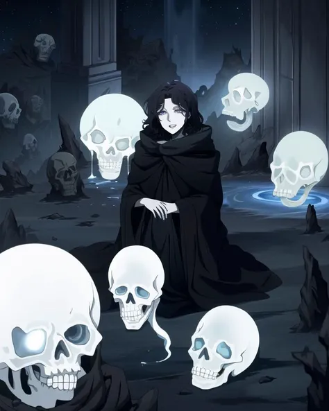 ((best quality)), ((highly detailed)), masterpiece, (detailed eyes, deep eyes), (1girl), full body, ((ghost-girl)), ((undead)), <lora:ectoV5:.6>, ecto woman, ((pale skin:1.3)), ((black colored hair:1.3)), (eye bags), (monstergirl), smoky skull, flowing ((black robe)), medium breasts, ((crazy grin)), ((mausoleum)), fog, (stars, galaxies, space, asteroids, planets, space ship), <lora:castlevania_style_offset:.95>