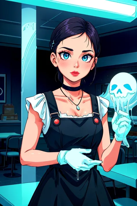 PhantomLimb, ghost arm <lora:ectoV5:0.8> portrait of a woman with 1990s style hair pulled back in plastic claw clip wearing wearing 90s fashion: black cotton sheath button-front pinafore sundress layered over a white short sleeve t-shirt, combat boots, choker necklace, dark lipstick at 90s mall food court, fast food, dining tables, chairs, bright lights, the smell of pizza and french fries, soda fountain hdr, cinematic shot, feminine colors, (90s style :1.3), <lyco:GoodHands-beta2:0.8>, ecto, feminine colors, ambient lighting, light skin, quarter turn,1/4 body pose, upper body view, looking at the viewer, (excited facial expression:1.3), toned body, maximum details, cinematic, (abstract art:1.1), dark theme, stylized, deep shadow, <lora:add_detail:0.5>, <lora:epi_noiseoffset2:0.5>,